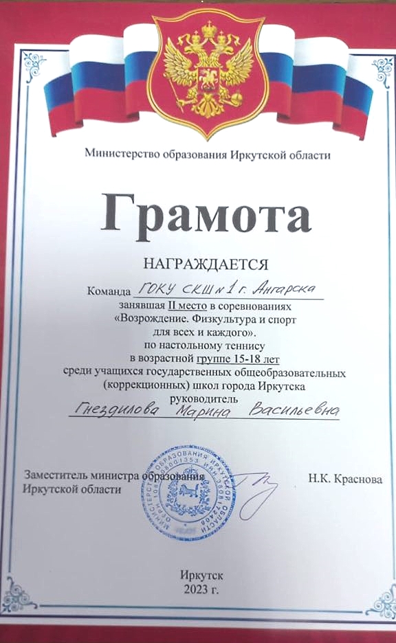 2 место в соревнованиях по настольному теннису &quot;Возрождение. Физкультура и спорт для всех и каждого&quot; в возрастной группе 15-18 лет среди учащихся общеобразовательных (коррекционных) школ г. Иркутска.